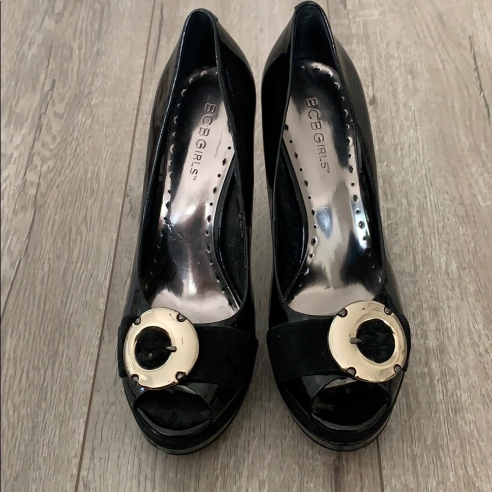 BCBG Girls black open toed heels size 7
